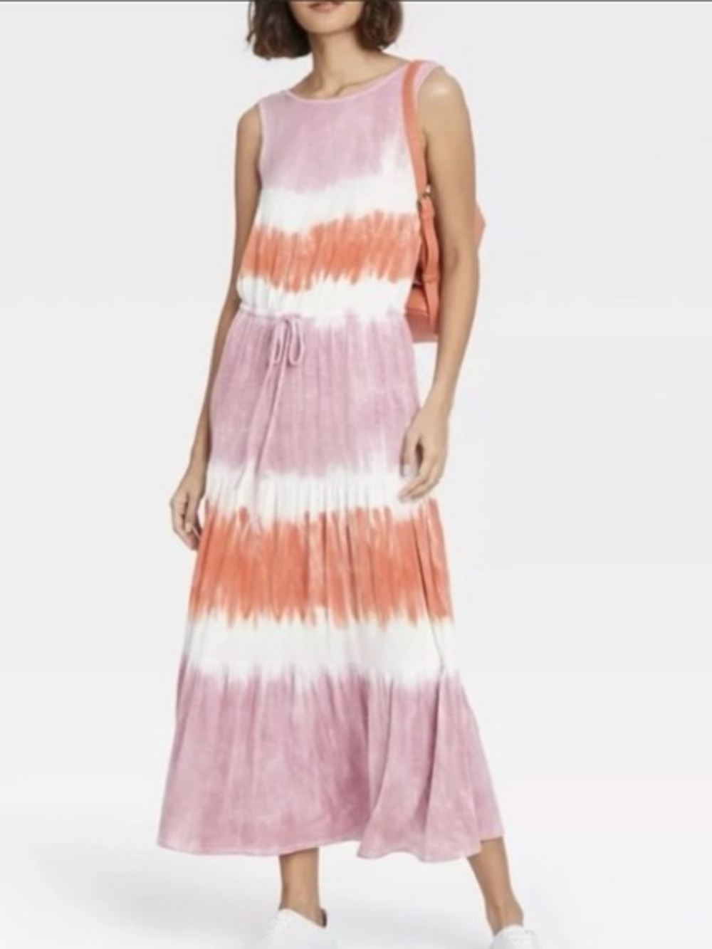 Knox Rose Women's Purple Orange Tie Dye Casual Maxi Dress Sz L Tie Elastic Waist
